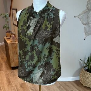 Agora chocolate brown floral chiffon sleeveless ruched high neck top